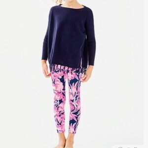 Lilly Pulitzer Girls Maia Flamingo Floral Pink/Navy Blue Leggings Size L